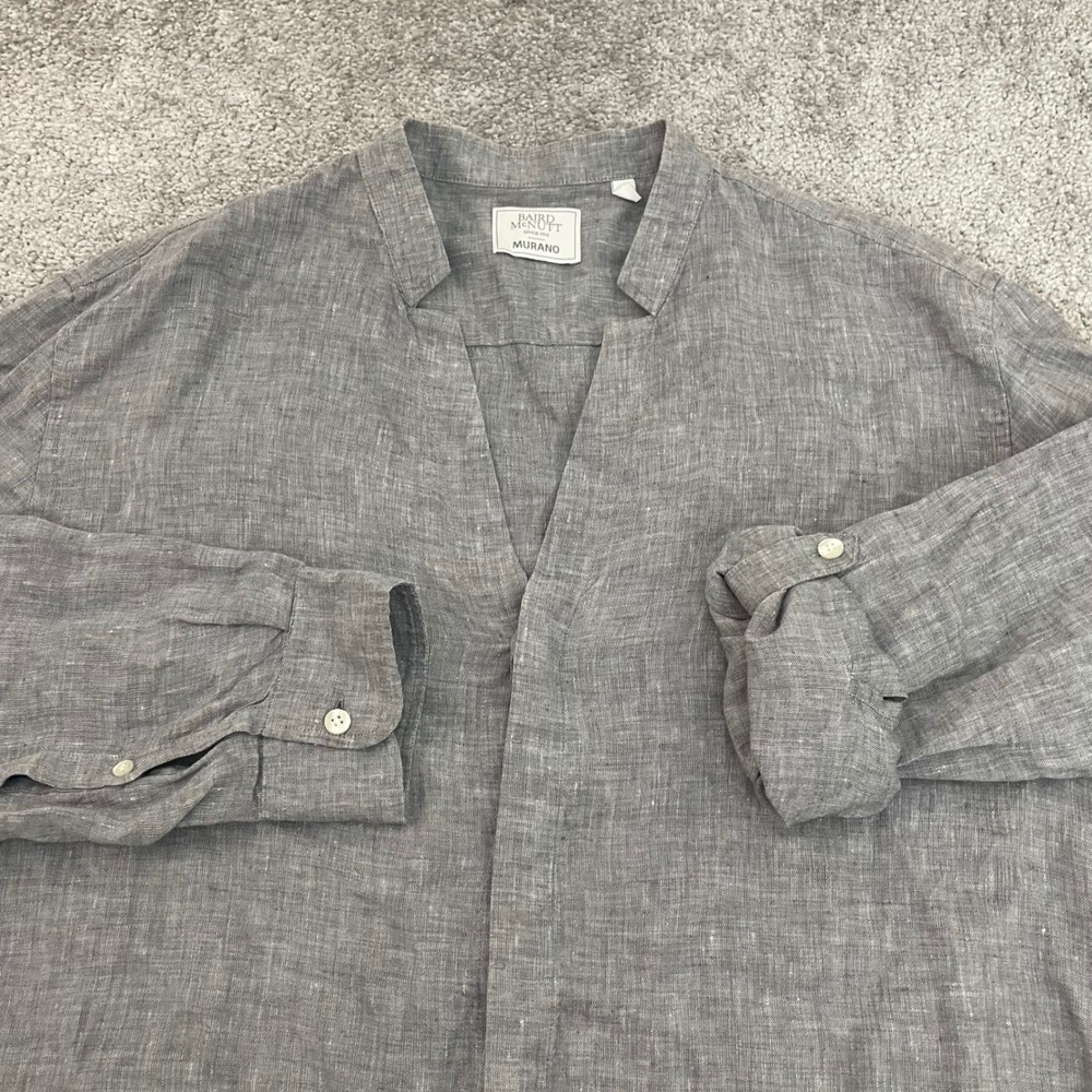 Murano Linen Shirt Mens Extra Large Baird McNutt Band Collar Grey Button Up